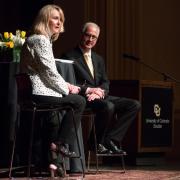 Mark Kennedy joined on stage by CU Regent Sue Sharkey at a Macky Auditorium forum.