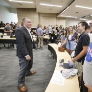 Jim Bridenstein tours the new aerospace building on the CU Boulder campus.