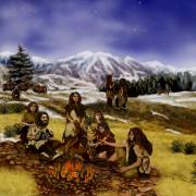 An illustration of Neanderthals gathered around a fire