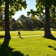 A person walks across Norlin Quad.