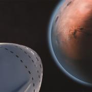 An illustration of a SpaceX capsule approaching Mars
