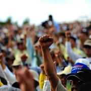 Protestors with fists raised