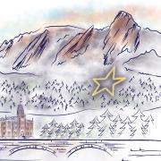 An illustration of the Boulder Flatirons, star and Old Main.