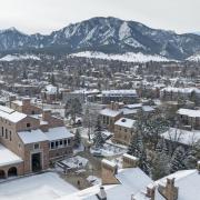 Aerial view of a snowy campus