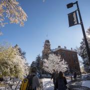 Students walk on snowy campus