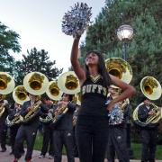 CU Boulder homecoming Stampede with marching band downtown 