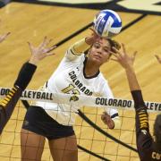 Sterling Parker hits volleyball over net