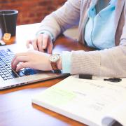 A person sits at a laptop.