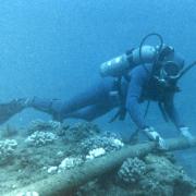 A diver inspecting an underwater cable