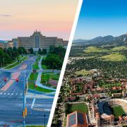 Aerial views of the CU Anschutz Medical Campus and CU Boulder