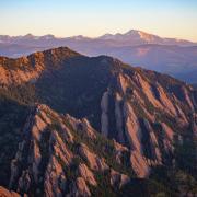 An aerial view of the Boulder Flatirons