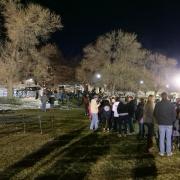 People line up early on Saturday, Nov. 23, 2019, to say farewell to the retiring Ralphie V ahead of Colorado's game against Washington. (Photo by Glenn Asakawa/University of Colorado)