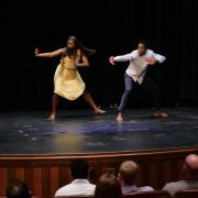 Keith Hayes and Attiyya Fortune of the CU Theatre and Dance department perform "The Fact of Blackness" at the CU Boulder MLK Day Celebration. Photo by Glenn Asakawa.