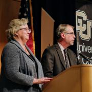 Emily CoBabe-Ammann and Jeff Cox introduce the Academic Futures panel.