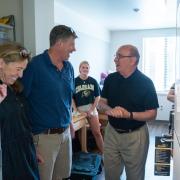 Chancellor Phil DiStefano meets with parents and students during move-in on Wednesday, Aug. 21, 2019, at Williams Village East. (Photo by Glenn Asakawa/University of Colorado)