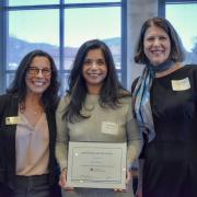 Awardee Anu Sharma (center) with Vice Chancellor Michele Moses (left) and Vice Chancellor Ann Schmiesing (right)