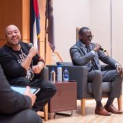 Yusef Salaam, right, and Raymond Santana, two of the five "Exonerated Five" who were wrongly convicted of a brutal attack on a Central Park jogger answered questions during an informal Cultural Events Board talk at the University Memorial Center on March 10. 2020. (Photo by Glenn Asakawa/University of Colorado)