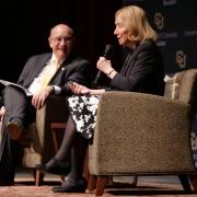 Presidential historian and Pulitzer Prize-winner Doris Kearns Goodwin answers Chancellor Phillip DiStefano’s questions during the Leo Hill Leadership Speaker Series in Macky Auditorium at CU Boulder. (Photo by Casey A. Cass/University of Colorado)