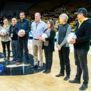  Chip the Buffalo, Jessie Kasynski, Chancellor Phillip DiStefano, J. Javier Portillo, Athletic Director Rick George, Melynda Slaughter, Ceal Barry and Alex Viggio. (Photo by Patrick Wine/University of Colorado)