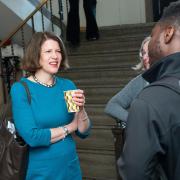 Graduate School Dean Ann Schmiesing chats with student at appreciation breakfast. Photo by Patrick Campbell.