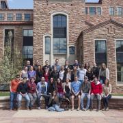 First-year law students gather for a group shot of their Law Writing class at Wolf Law. Photo by Glenn Asakawa.