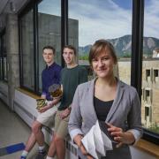 Dawson Beatty, Andrew Pfefer and Anastasia Muszynski pose with their Project MIURA Space Grant Consortium inflatable, collapsable device with origami-type folds