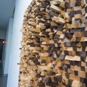 Wood installation by Matthew Vivirito at the open studios event. Photo by Glenn Asakawa.