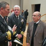 Left to right, Rear Admiral Marcus Hitchcock, Director of Military and Veterans Affairs at CU Stew Elliott, and Chancellor Philip DiStefano chat after the 2019 Veterans Day Ceremony in the University Memorial Center at CU Boulder. (Photo by Casey A. Cass/University of Colorado)