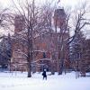 campus community member on a snowy campus