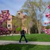 student walking on campus on a spring day