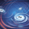 Illustration of several black holes circling around each other and producing ripples that spread out