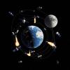 An image of earth and the moon against a black sky with numerous satellites swirling around.