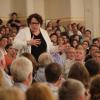 Like a professor, Supreme Court Justice slowly walks the aisles as she speaks to a packed Macky Auditorium.