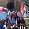 Flags displayed outside the Conference on World Affairs