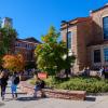 Campus community members walking outside