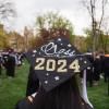 A decorated graduation cap during commencement ceremony