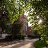 Sun filters through the trees in early morning by Macky Auditorium