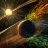 An illustration of Mars' atmosphere escaping into space during a solar storm.