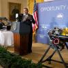 President Barack Obama delivers remarks announcing two new public-private Manufacturing Innovation Institutes, and launches the first of four new Manufacturing Innovation Institute Competitions, in the East Room of the White House, Feb. 25, 2014. (Official White House Photo by Pete Souza)