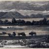 Illustration of the Colorado mountains, plains with buffalo