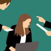 Art of a woman being bullied by male coworkers.