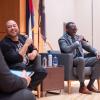 Yusef Salaam, right, and Raymond Santana, two of the five "Exonerated Five" who were wrongly convicted of a brutal attack on a Central Park jogger answered questions during an informal Cultural Events Board talk at the University Memorial Center on March 10. 2020. (Photo by Glenn Asakawa/University of Colorado)
