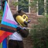 Chip holding up a pride flag