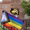 Chip the buffalo mascot with a pride flag on campus
