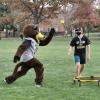 Buffalo mascot Chip playing lawn games with students