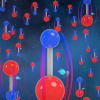 Illustration of multiple molecules made up of two atoms represented by blue and red spheres