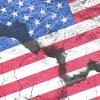 American flag graphic over cracked cement