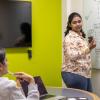 two students in a library study space