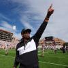 Deion “Coach Prime” Sanders addresses the crowd before the CU vs. USC football game