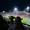 Fans wearing buffalo hats watch the game from the Champion Center